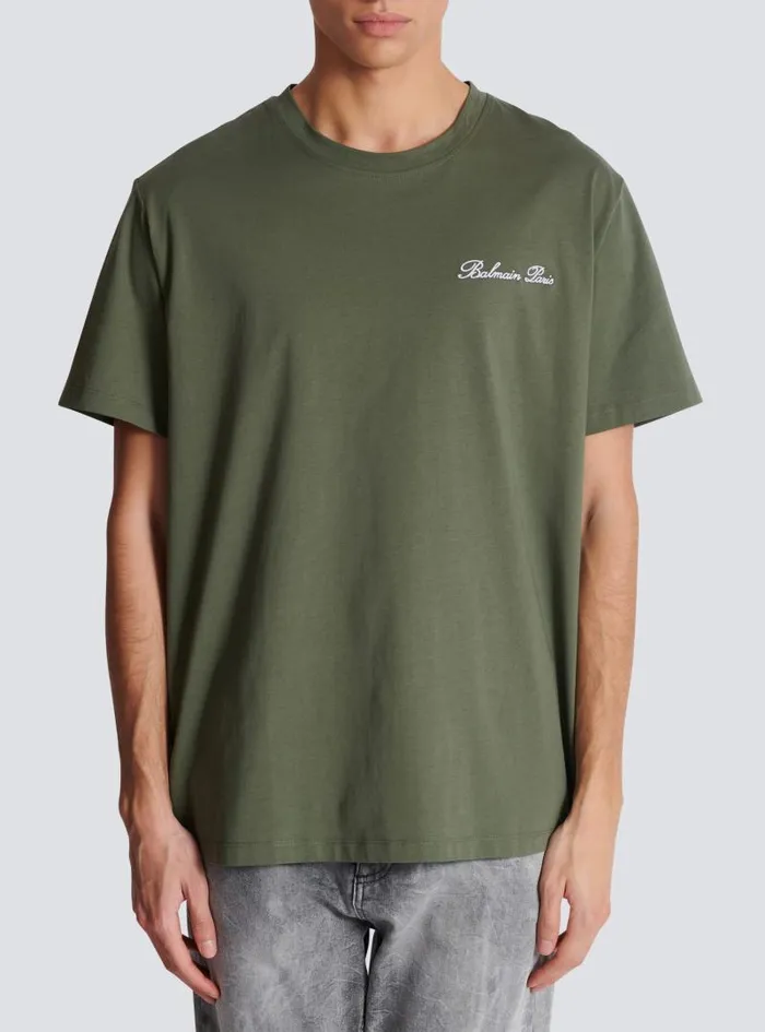Balmain Sportswear Men Loose Tshirt With Signature Embroidery Khaki