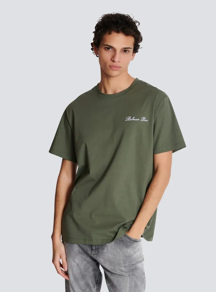 Balmain Sportswear Men Loose Tshirt With Signature Embroidery Khaki