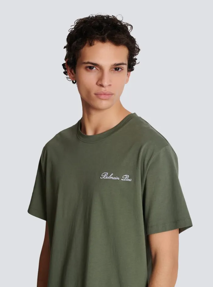 Balmain Sportswear Men Loose Tshirt With Signature Embroidery Khaki