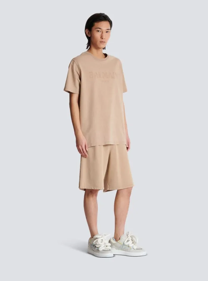 Balmain Sportswear Men Loose Tshirt With Vintage Embroidery Beige