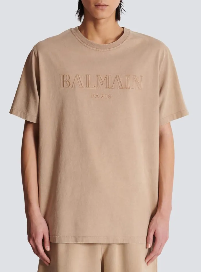 Balmain Sportswear Men Loose Tshirt With Vintage Embroidery Beige