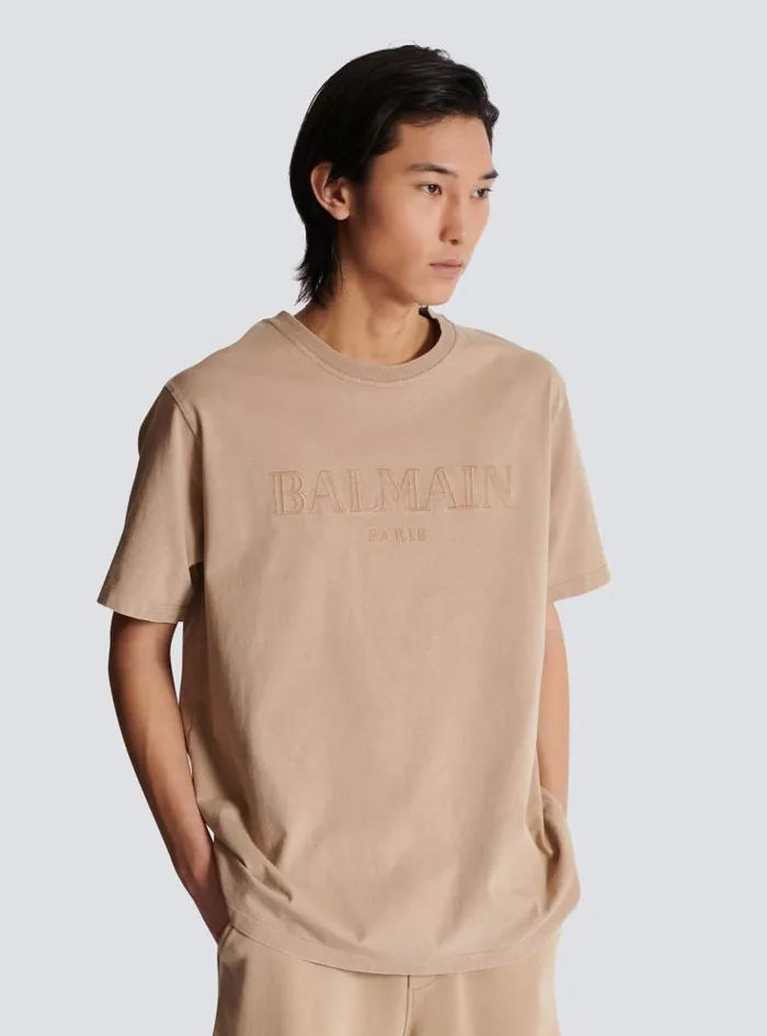 Balmain Sportswear Men Loose Tshirt With Vintage Embroidery Beige