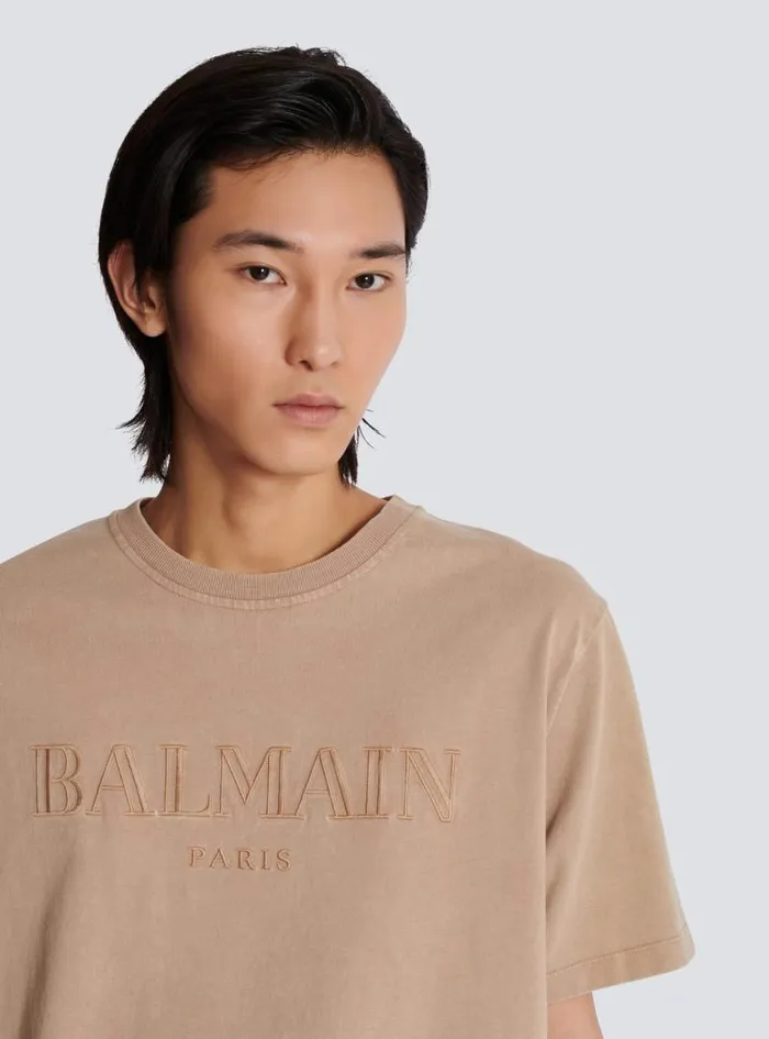 Balmain Sportswear Men Loose Tshirt With Vintage Embroidery Beige