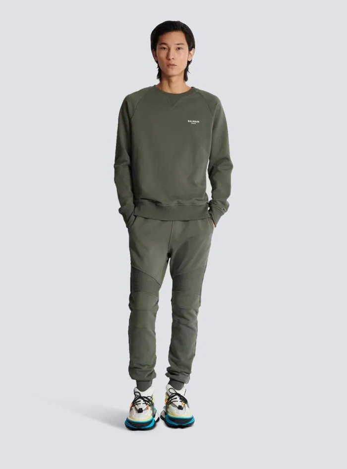 Balmain Sweatshirts Men Paris Flocked Sweatshirt Khaki