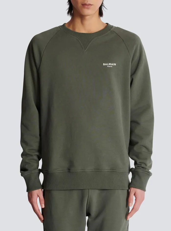 Balmain Sweatshirts Men Paris Flocked Sweatshirt Khaki