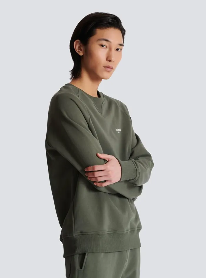 Balmain Sweatshirts Men Paris Flocked Sweatshirt Khaki