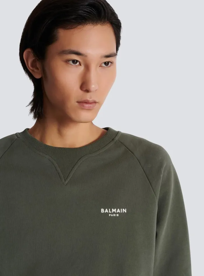 Balmain Sweatshirts Men Paris Flocked Sweatshirt Khaki