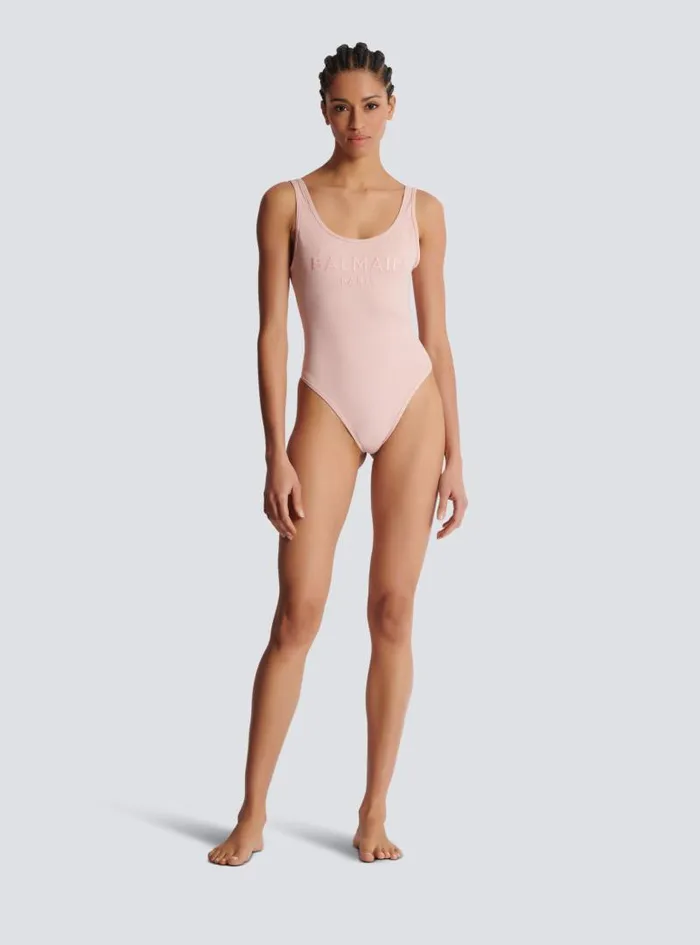 Balmain Swimwear Women Onepiece Swimsuit With Paris Embroidery Pink