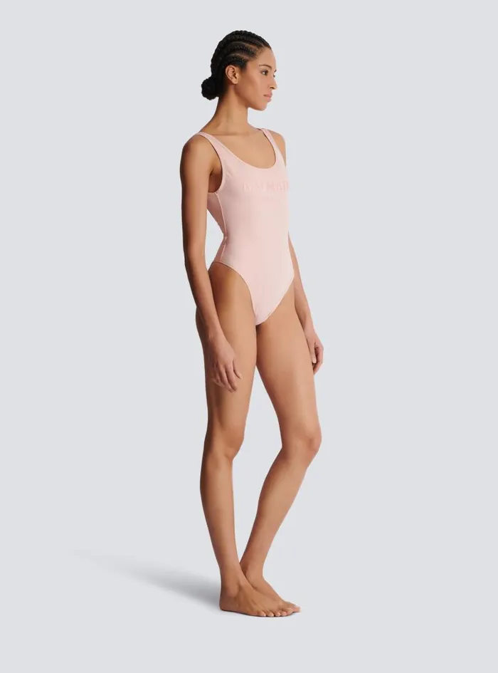 Balmain Swimwear Women Onepiece Swimsuit With Paris Embroidery Pink