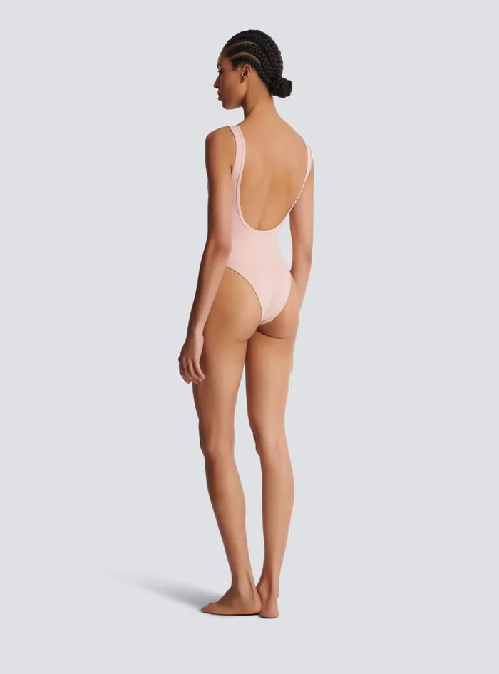 Balmain Swimwear Women Onepiece Swimsuit With Paris Embroidery Pink
