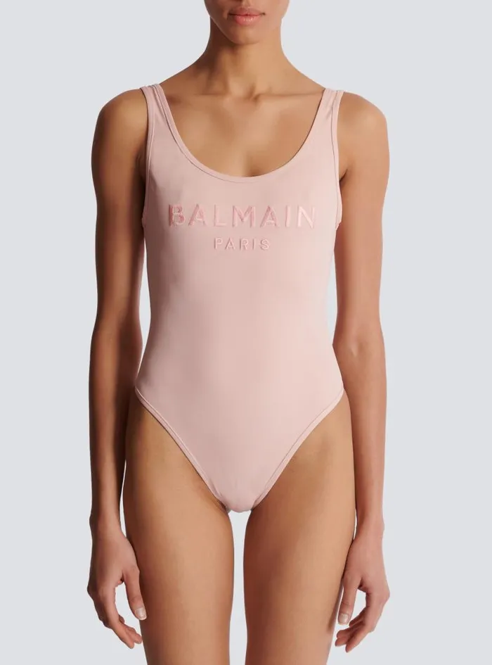 Balmain Swimwear Women Onepiece Swimsuit With Paris Embroidery Pink