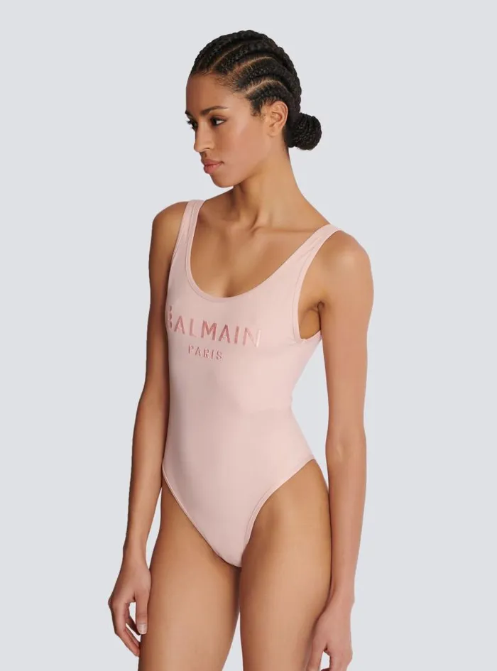 Balmain Swimwear Women Onepiece Swimsuit With Paris Embroidery Pink