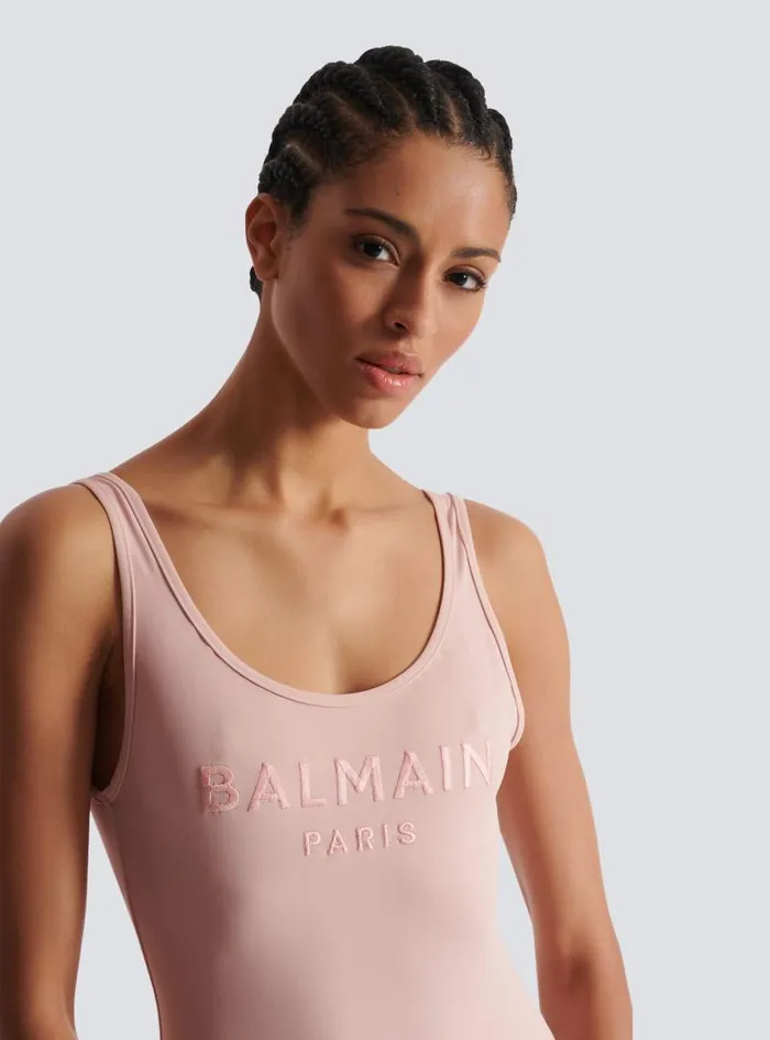 Balmain Swimwear Women Onepiece Swimsuit With Paris Embroidery Pink