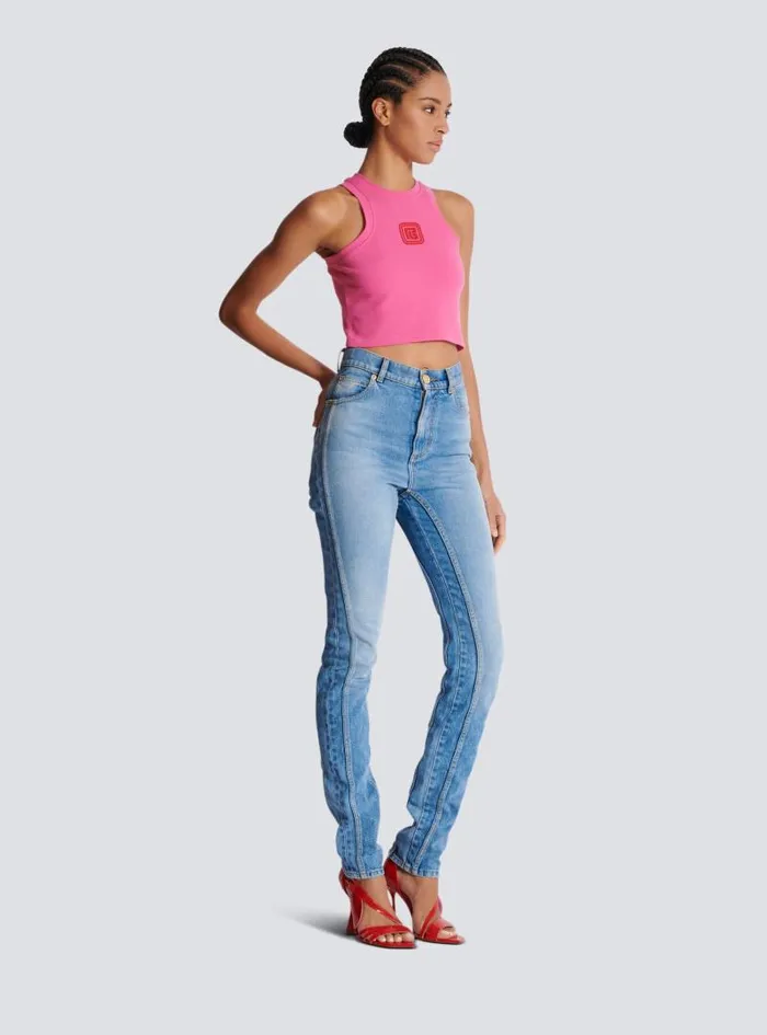 Balmain TShirts Women Cropped Tank Top With Retro PB Embroidery Pink