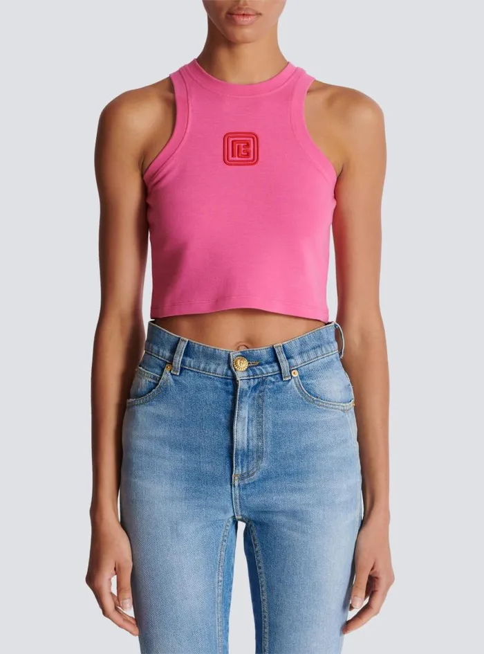 Balmain TShirts Women Cropped Tank Top With Retro PB Embroidery Pink