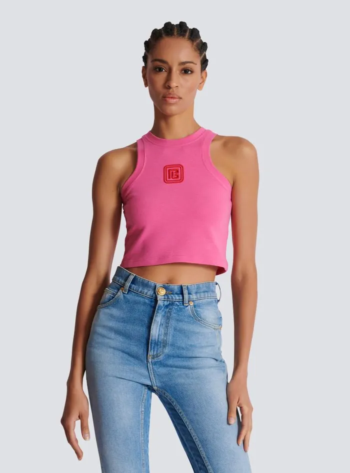 Balmain TShirts Women Cropped Tank Top With Retro PB Embroidery Pink