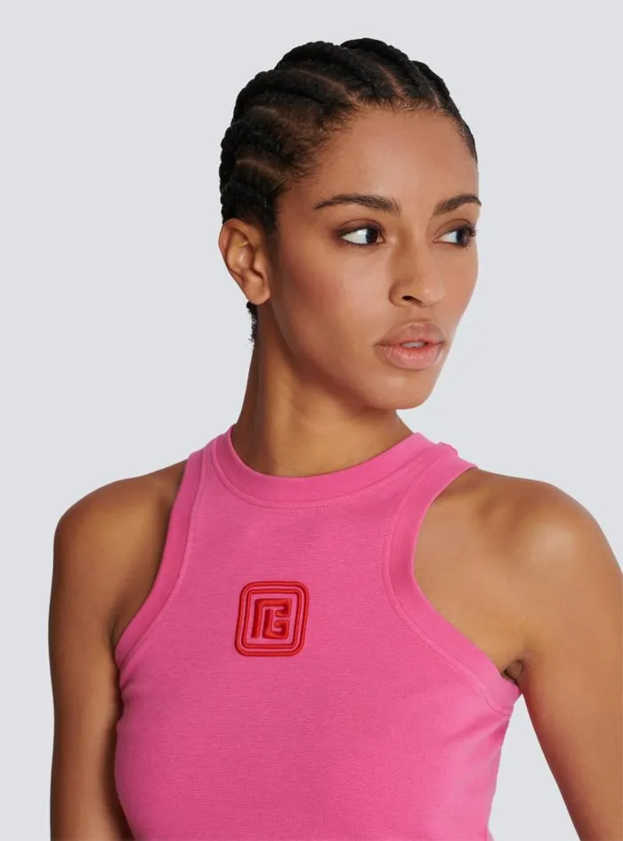 Balmain TShirts Women Cropped Tank Top With Retro PB Embroidery Pink