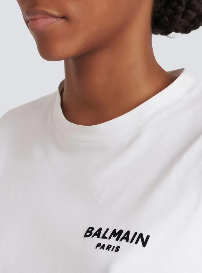 Balmain TShirts Women Flocked Paris Cropped TShirt White