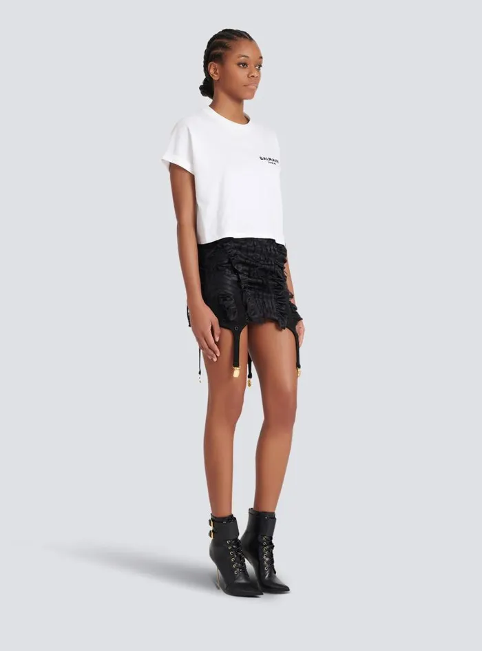 Balmain TShirts Women Flocked Paris Cropped TShirt White