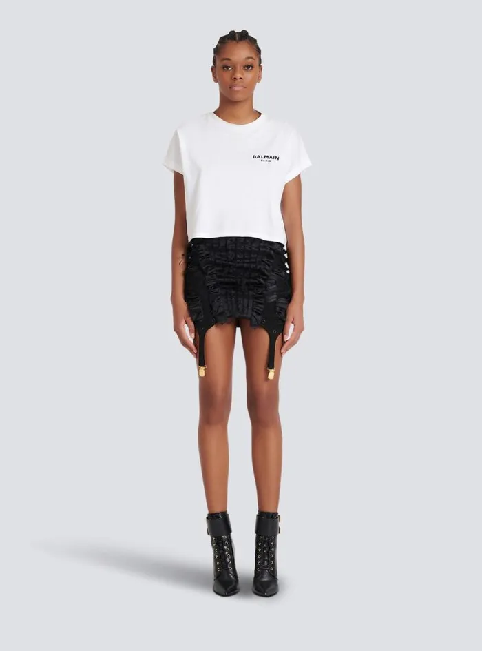 Balmain TShirts Women Flocked Paris Cropped TShirt White