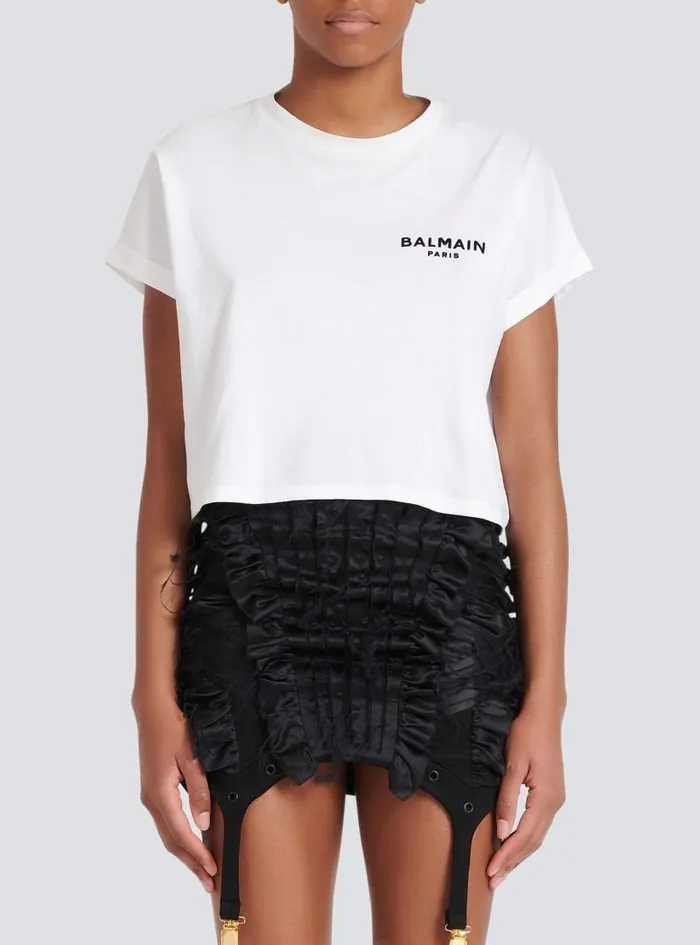 Balmain TShirts Women Flocked Paris Cropped TShirt White