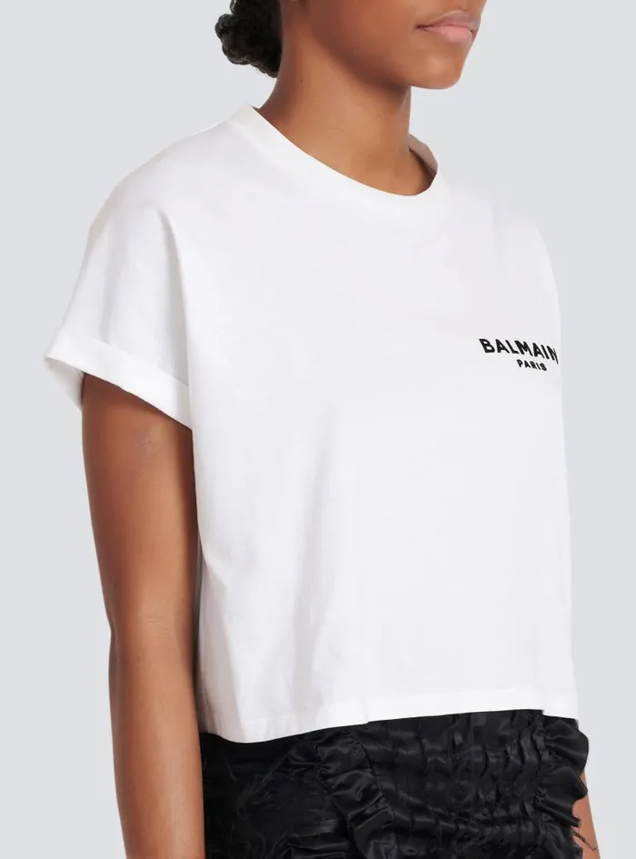 Balmain TShirts Women Flocked Paris Cropped TShirt White