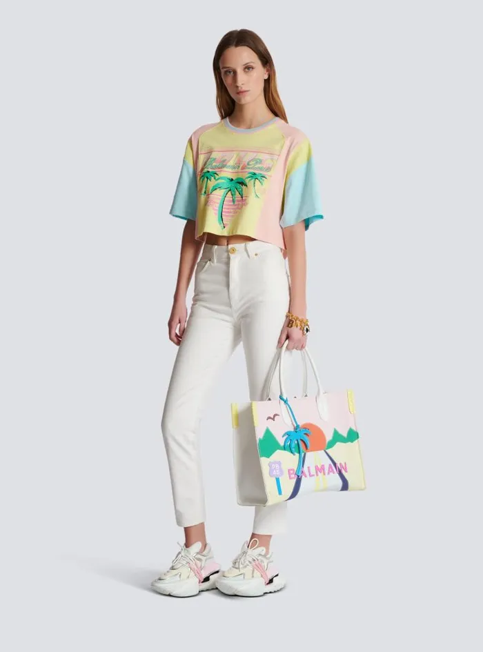 Balmain TShirts Women Tshirt With Palm Tree Signature Print Multicolor