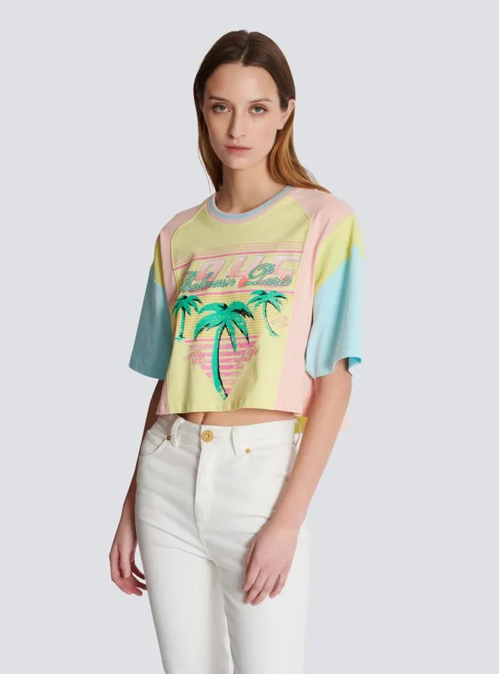 Balmain TShirts Women Tshirt With Palm Tree Signature Print Multicolor
