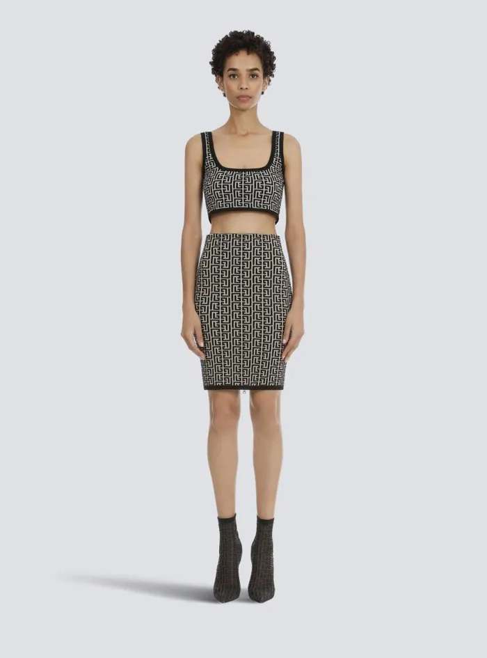 Balmain Tops And Shirts Women Cropped Bicolor Jacquard Sports Bra Top With Monogram Black