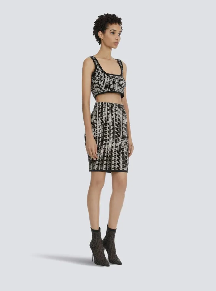 Balmain Tops And Shirts Women Cropped Bicolor Jacquard Sports Bra Top With Monogram Black