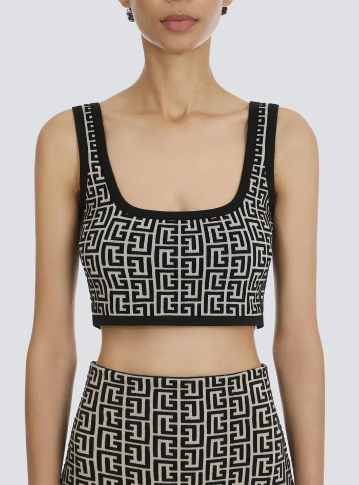 Balmain Tops And Shirts Women Cropped Bicolor Jacquard Sports Bra Top With Monogram Black