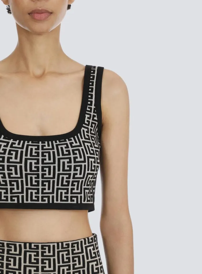 Balmain Tops And Shirts Women Cropped Bicolor Jacquard Sports Bra Top With Monogram Black
