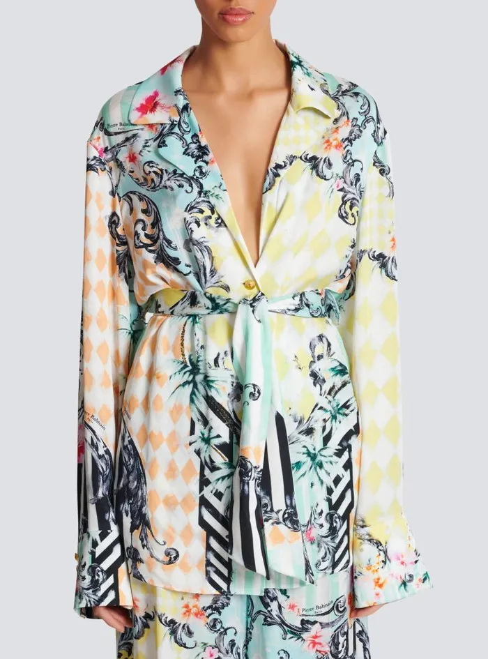 Balmain Tops And Shirts Women Loose Belted Shirt With Baroque Print Multicolor