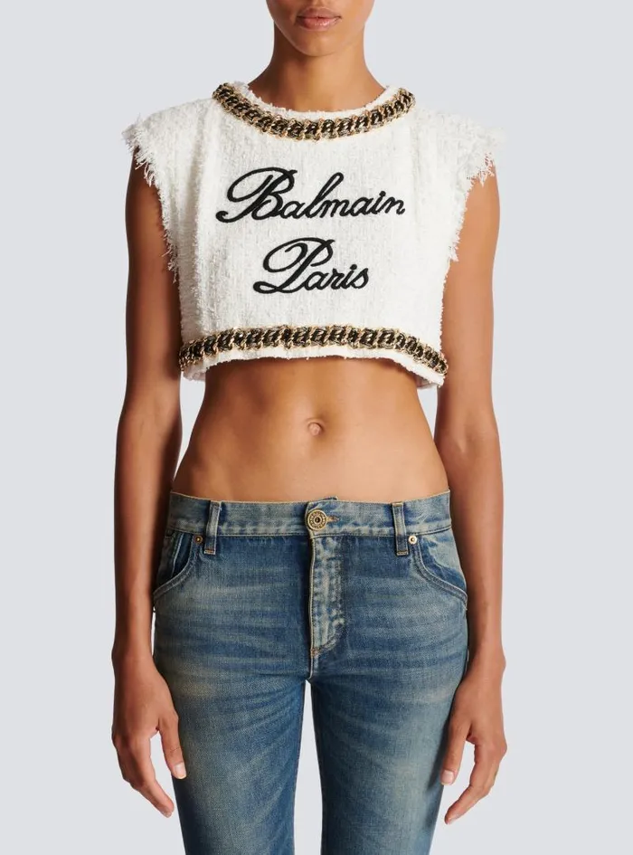 Balmain Tops And Shirts Women Signature Tweed Tank Top White