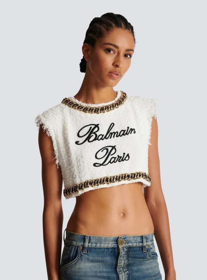 Balmain Tops And Shirts Women Signature Tweed Tank Top White