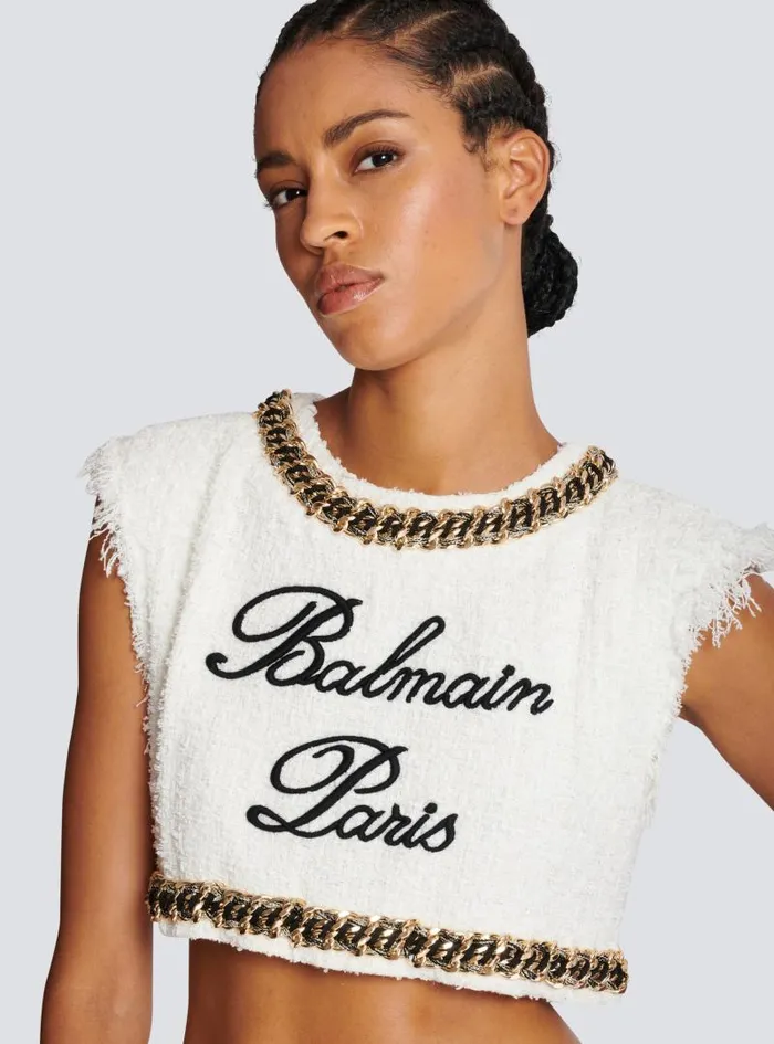 Balmain Tops And Shirts Women Signature Tweed Tank Top White