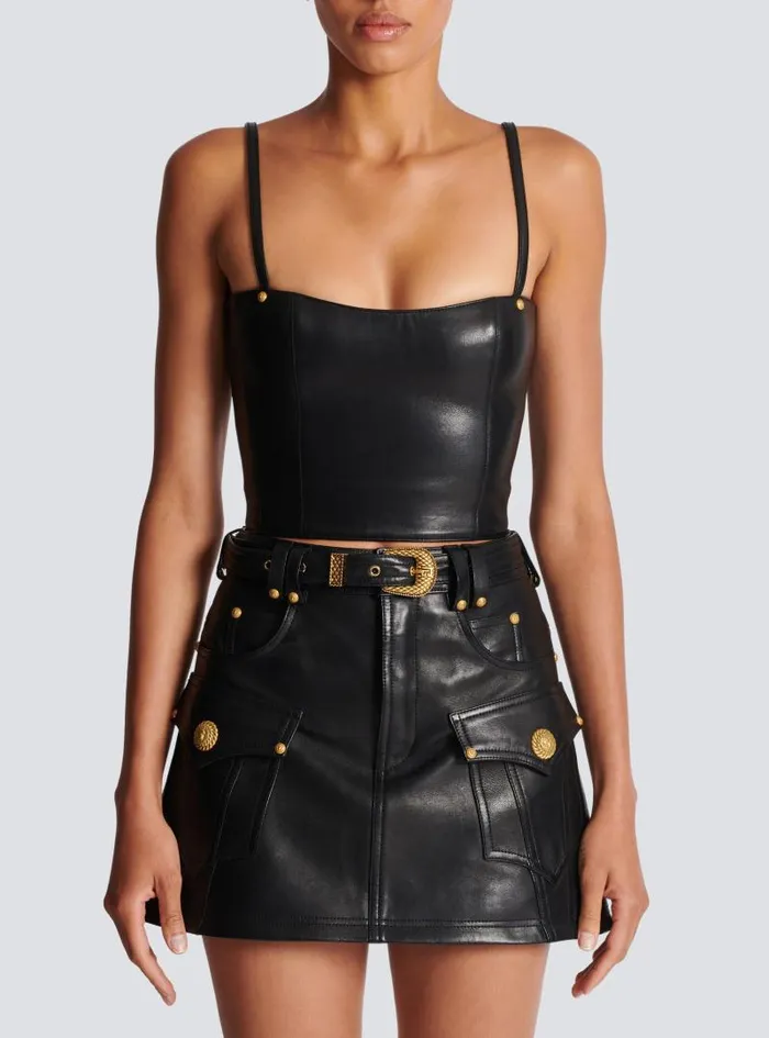 Balmain Tops And Shirts Women Spaghetti Strap Leather Top Black