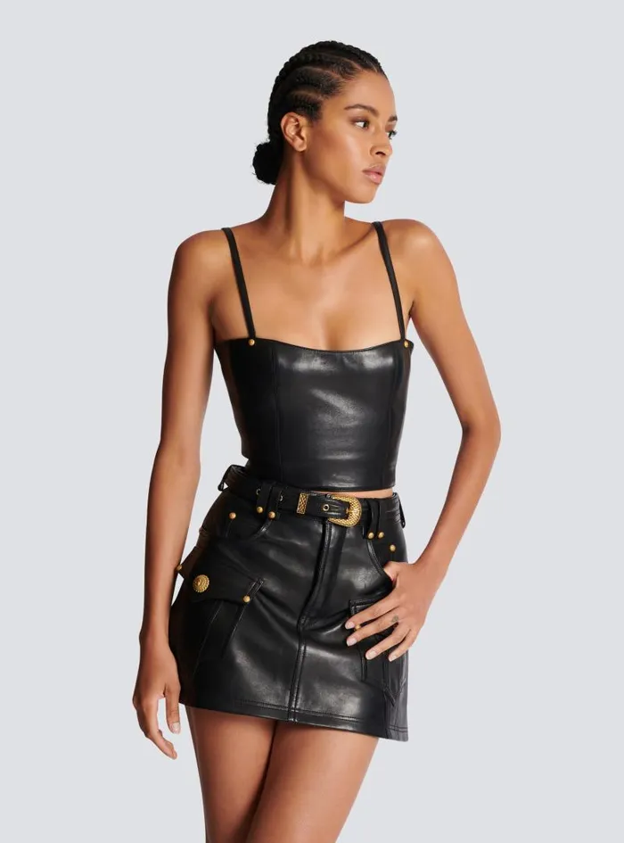 Balmain Tops And Shirts Women Spaghetti Strap Leather Top Black