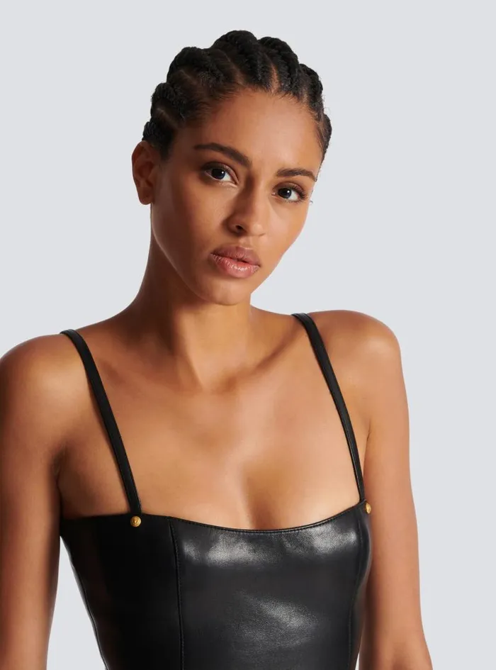 Balmain Tops And Shirts Women Spaghetti Strap Leather Top Black