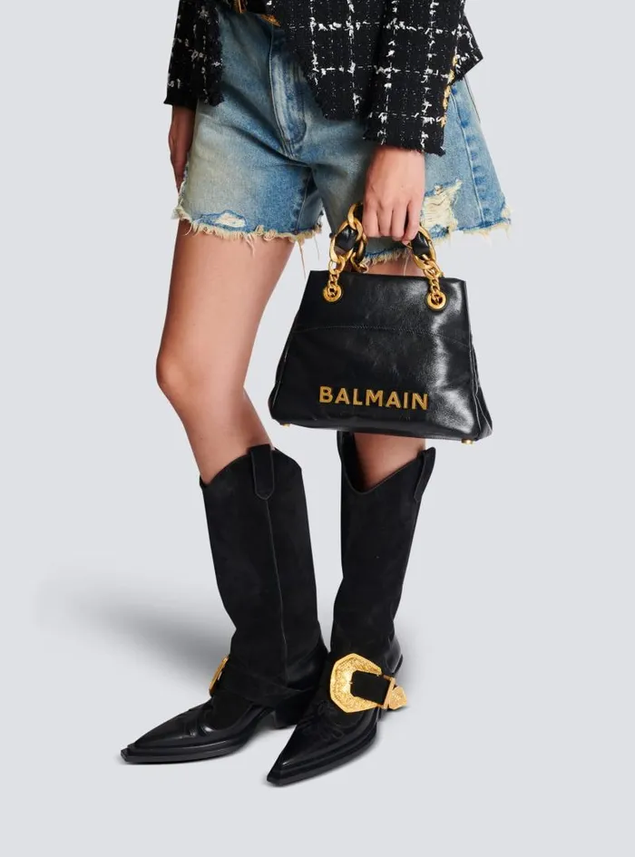 Balmain Tote Bags Women 1945 Soft Crinkled Leather Tote Bag Black