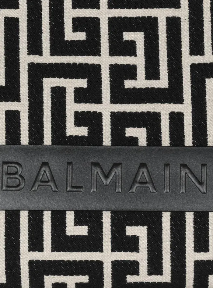 Balmain Tote Bags Women BArmy 42 Monogrammed Jacquard And Leather Tote Bag Black