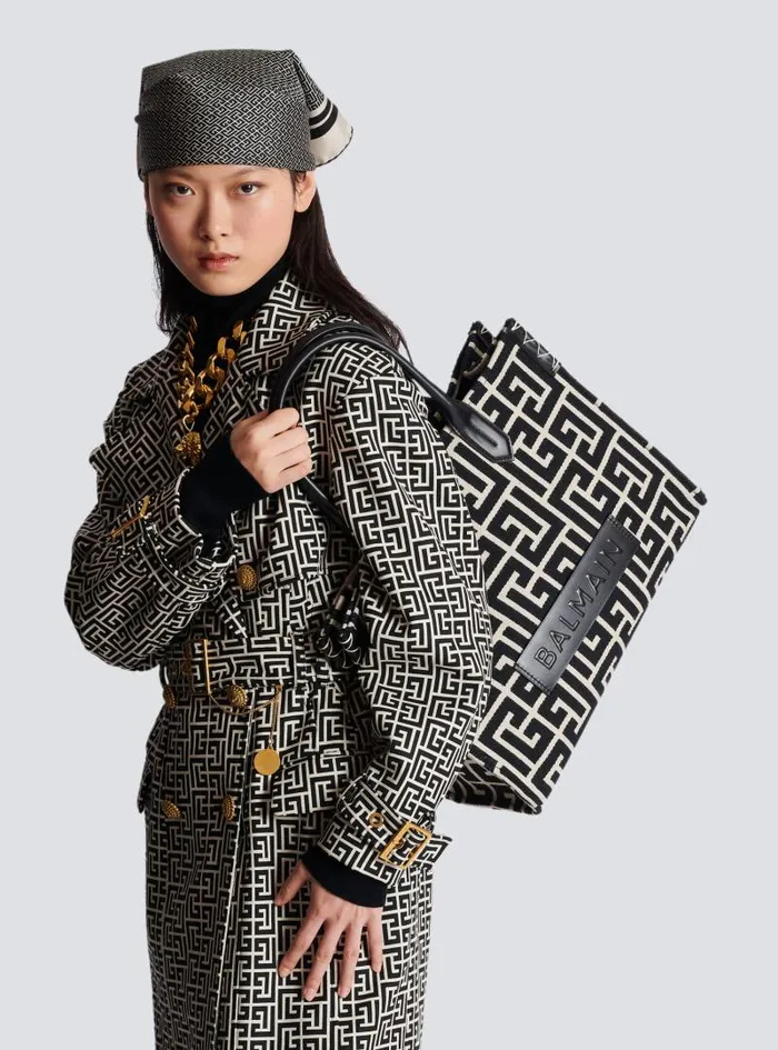 Balmain Tote Bags Women BArmy 42 Monogrammed Jacquard And Leather Tote Bag Black
