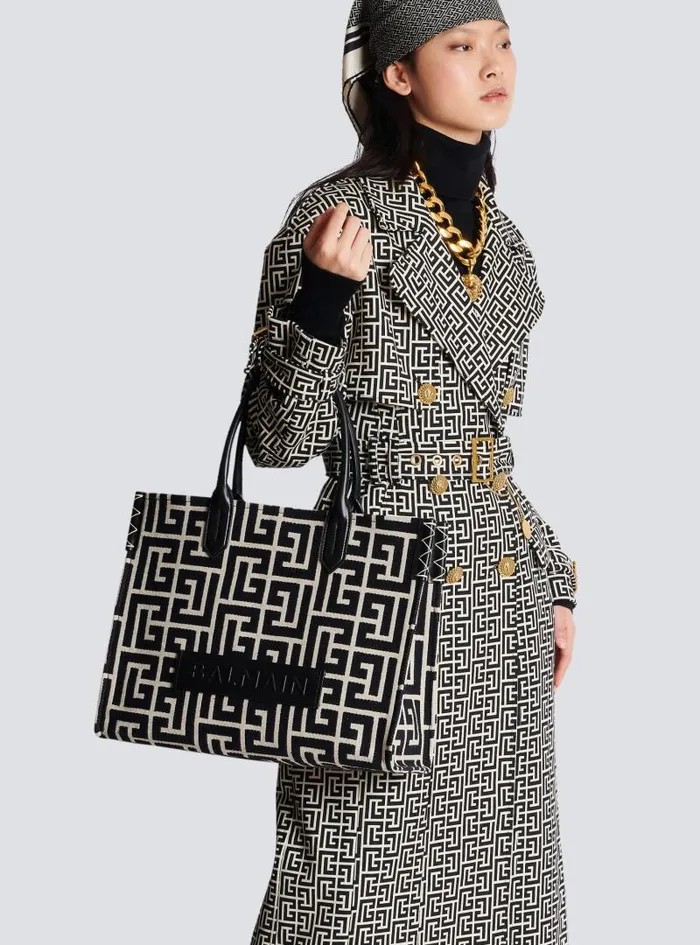 Balmain Tote Bags Women BArmy 42 Monogrammed Jacquard And Leather Tote Bag Black