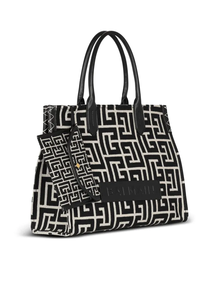 Balmain Tote Bags Women BArmy 42 Monogrammed Jacquard And Leather Tote Bag Black
