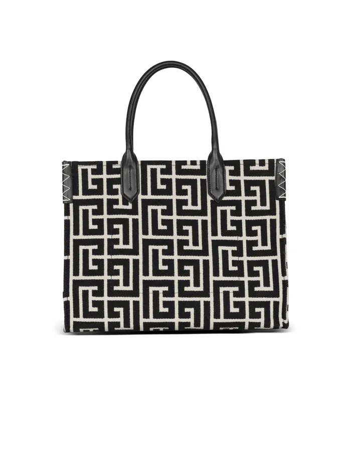 Balmain Tote Bags Women BArmy 42 Monogrammed Jacquard And Leather Tote Bag Black