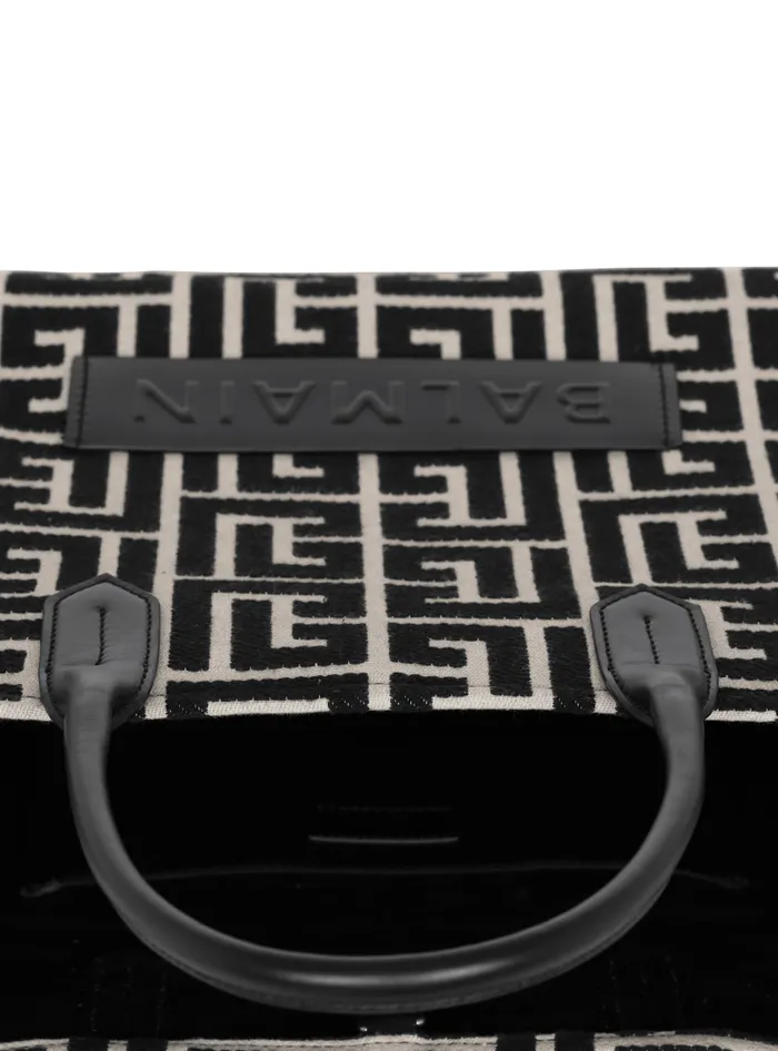 Balmain Tote Bags Women BArmy 42 Monogrammed Jacquard And Leather Tote Bag Black