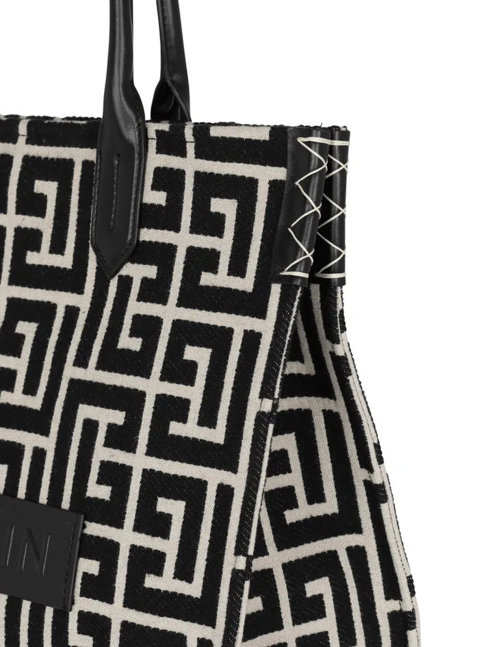 Balmain Tote Bags Women BArmy 42 Monogrammed Jacquard And Leather Tote Bag Black
