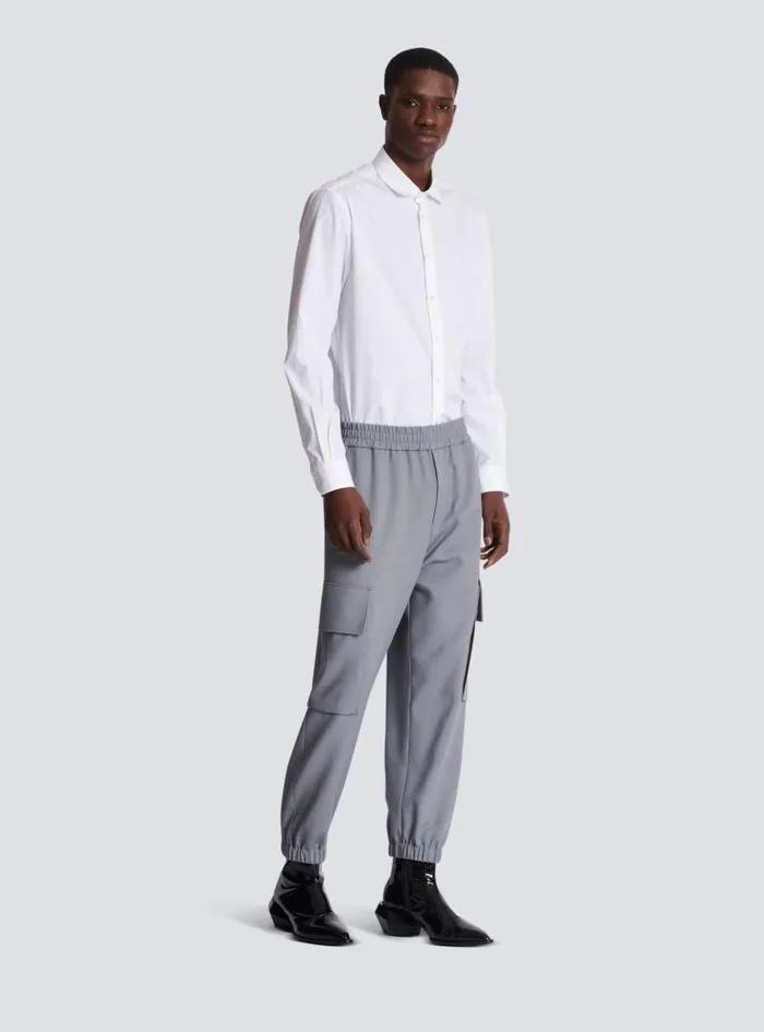 Balmain Trousers And Shorts Men Double Crepe Wool Cargo Trousers Grey