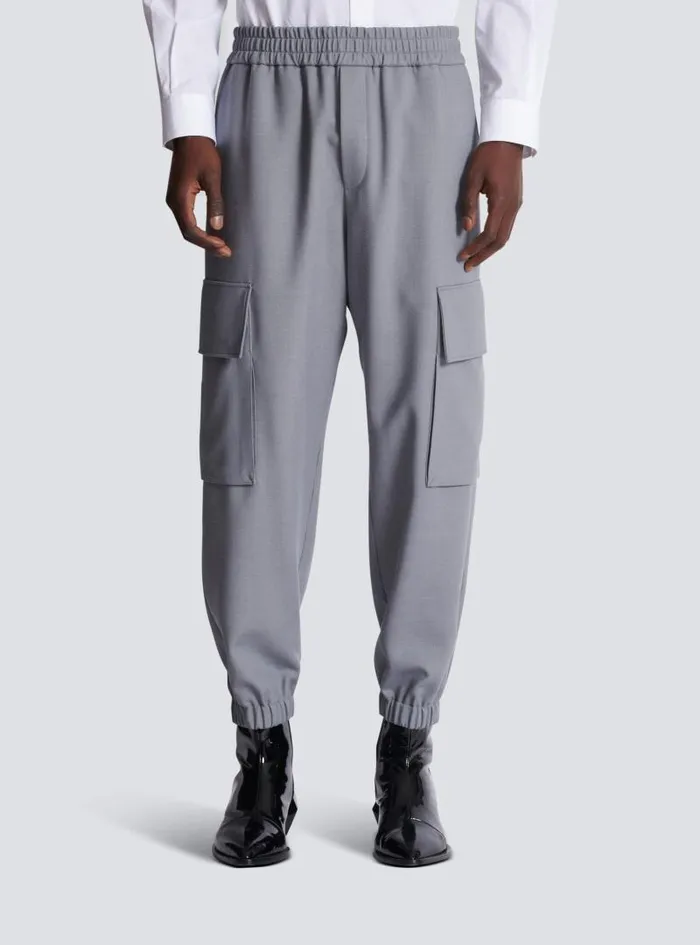 Balmain Trousers And Shorts Men Double Crepe Wool Cargo Trousers Grey