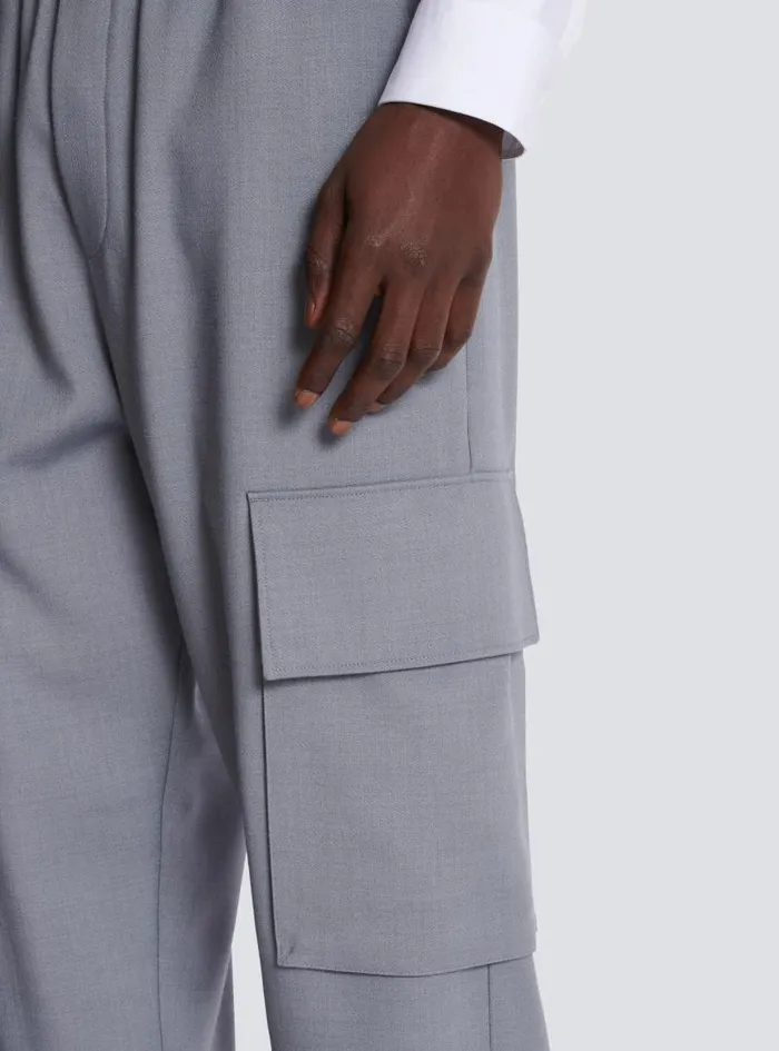 Balmain Trousers And Shorts Men Double Crepe Wool Cargo Trousers Grey